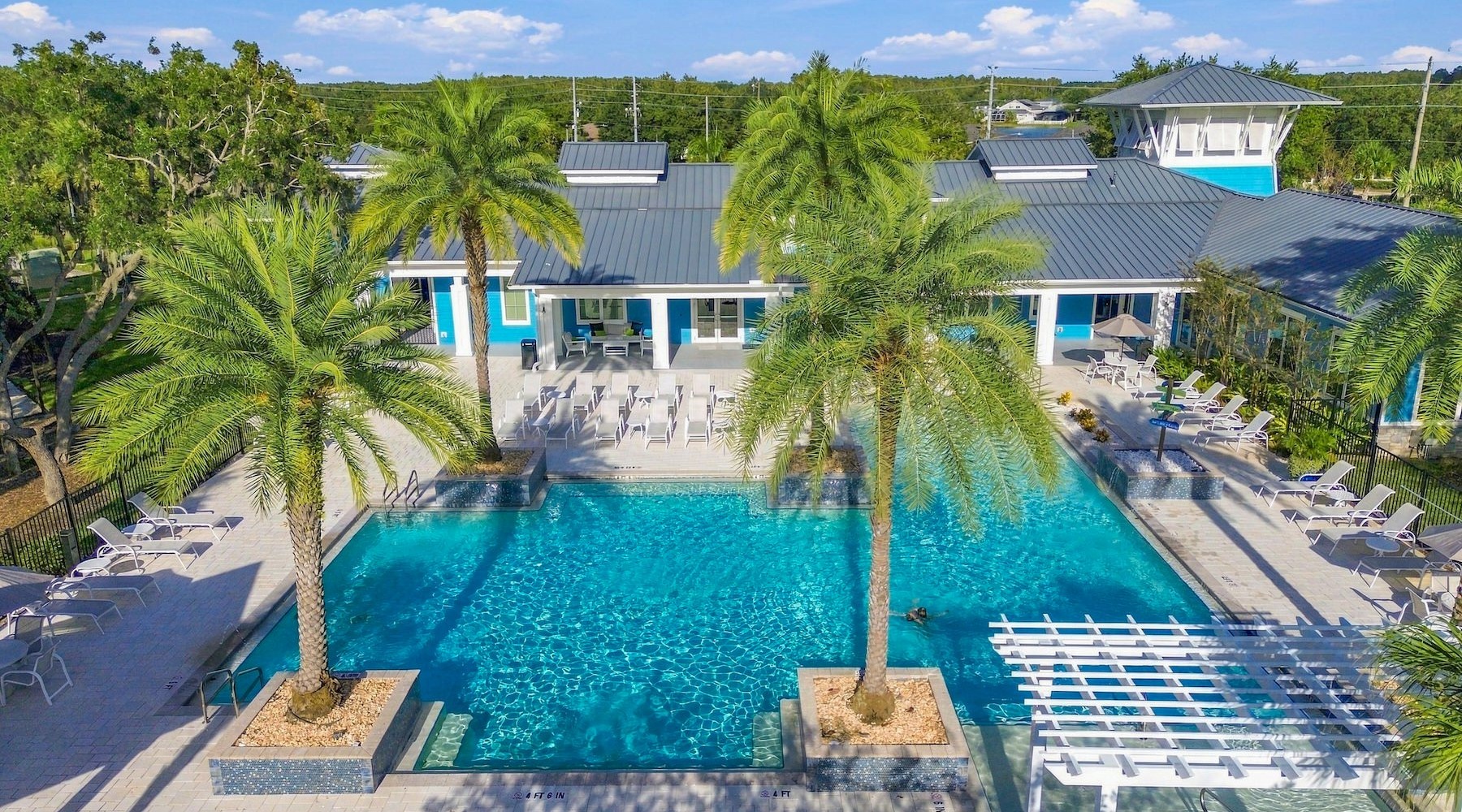 People swimming in resort style pool