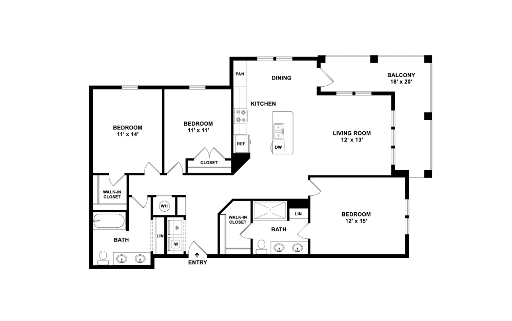 C1 - 3 bedroom floorplan layout with 2 bathrooms and 1618 square feet (2D)